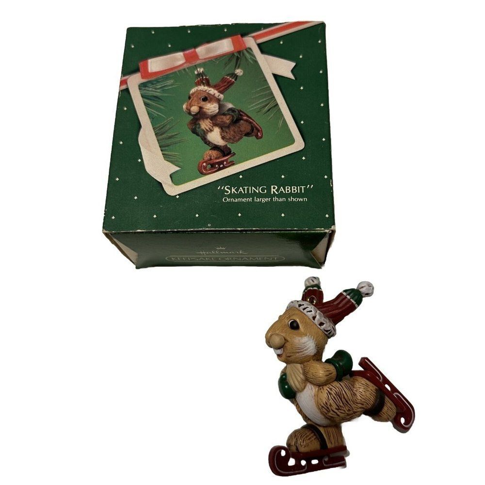 Vintage 80s Hallmark Christmas Ornament Skating Rabbit 1983 Bunny on Ice Skates